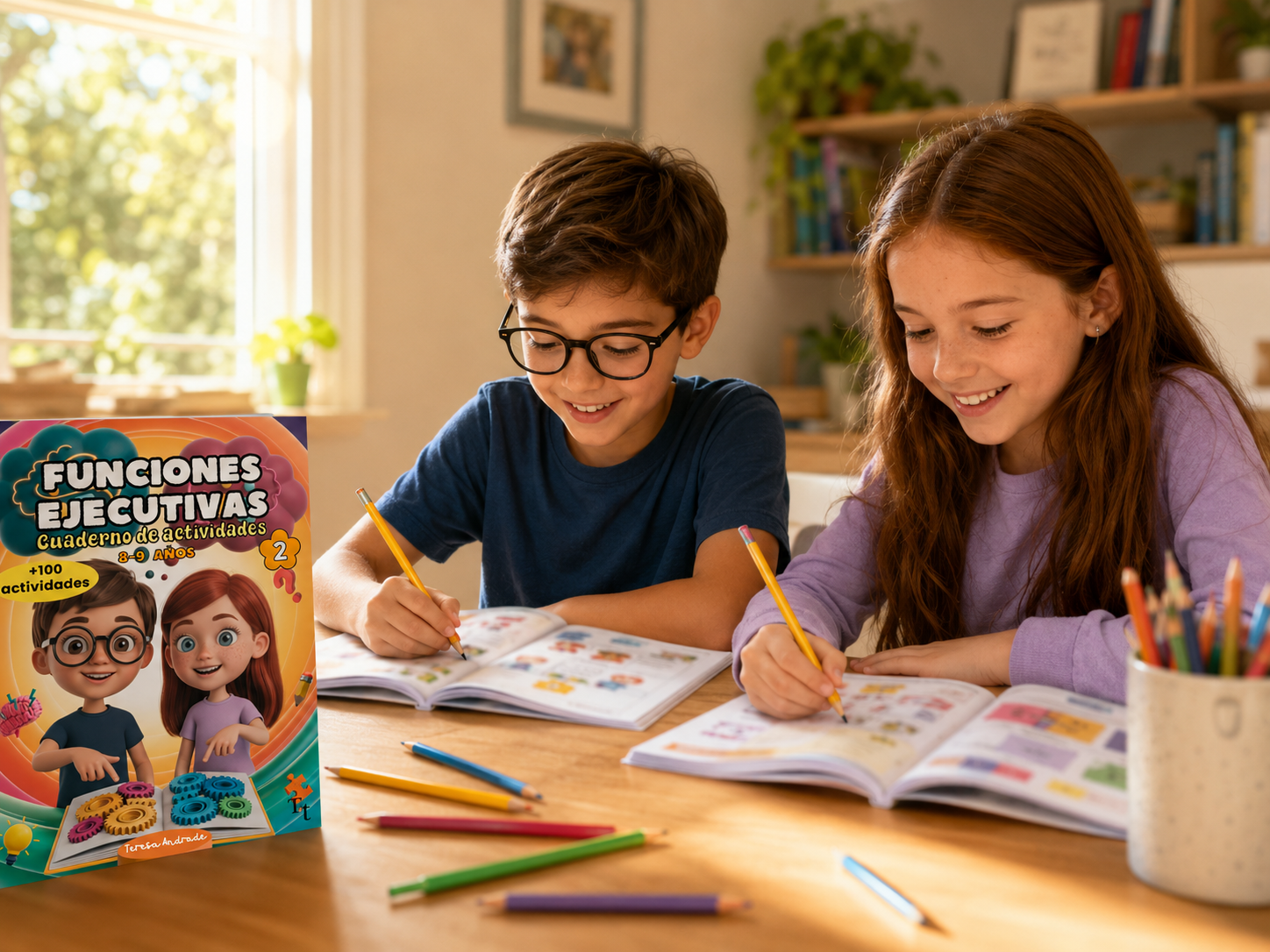 Niños usando el cuaderno de actividades de funciones ejecutivas