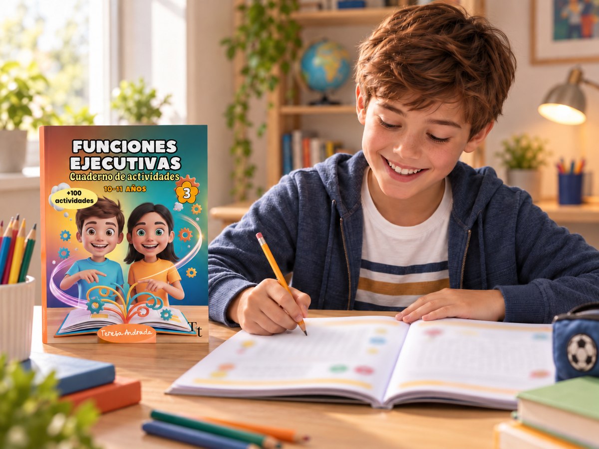 Niño usando el cuaderno de actividades TDAH de 10-11 años, comprar en Amazon