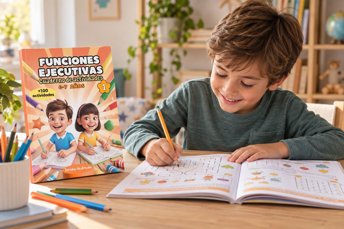 Niño usando el cuaderno de actividades TDAH de 6-7 años, comprar en Amazon