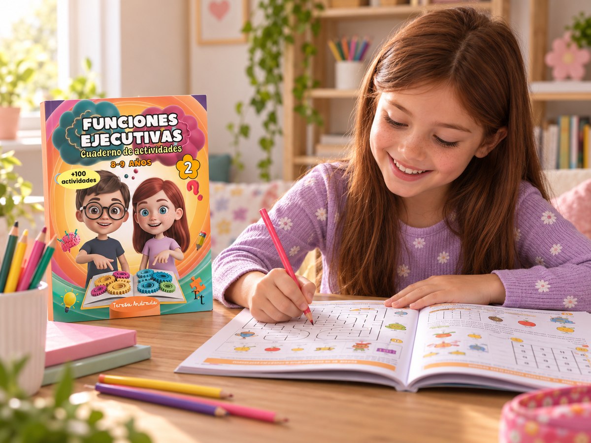 Niño usando el cuaderno de actividades TDAH de 8-9 años, comprar en Amazon