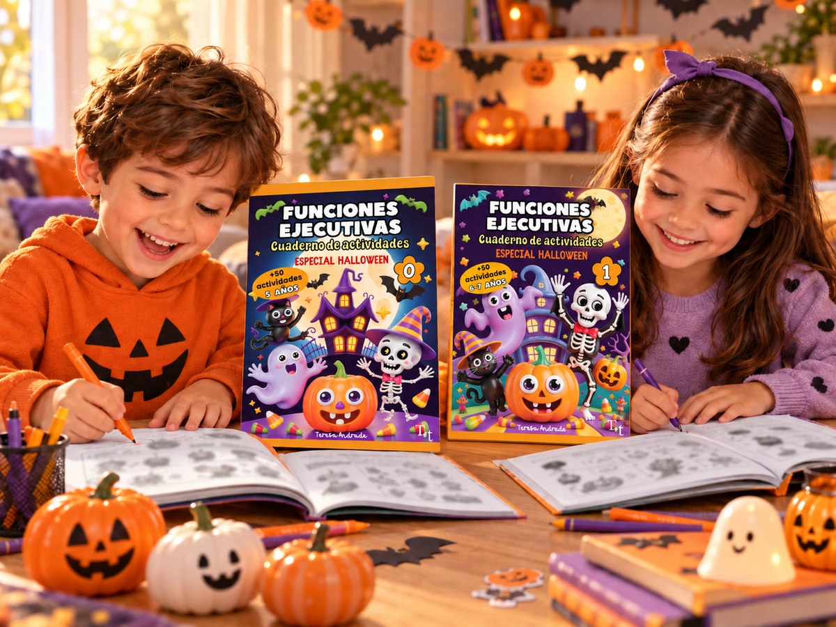 Niños usando los cuadernos de actividades TDAH edición especial Halloween