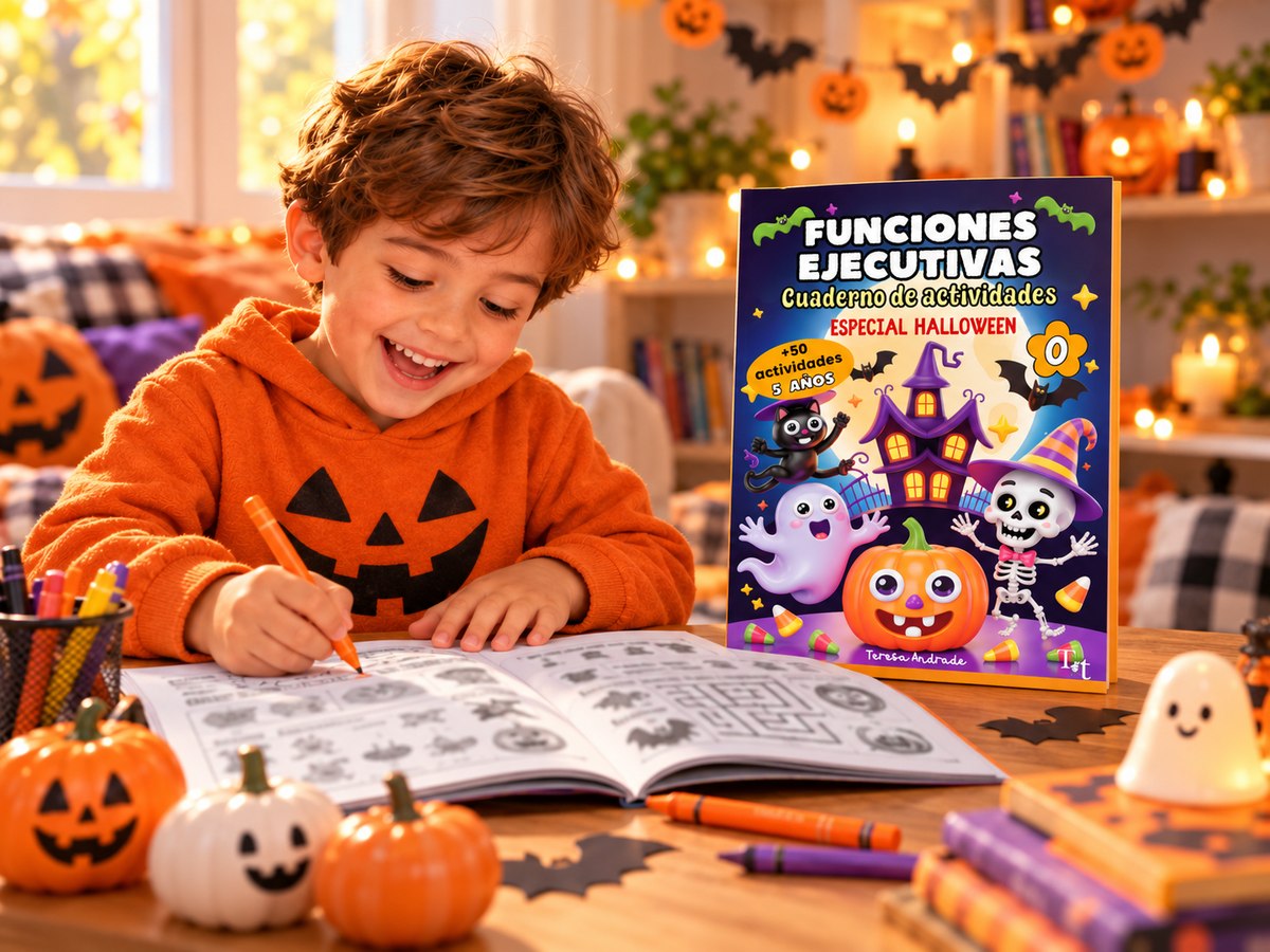 Niño usando el cuaderno de actividades TDAH Halloween 5 años, comprar en Amazon