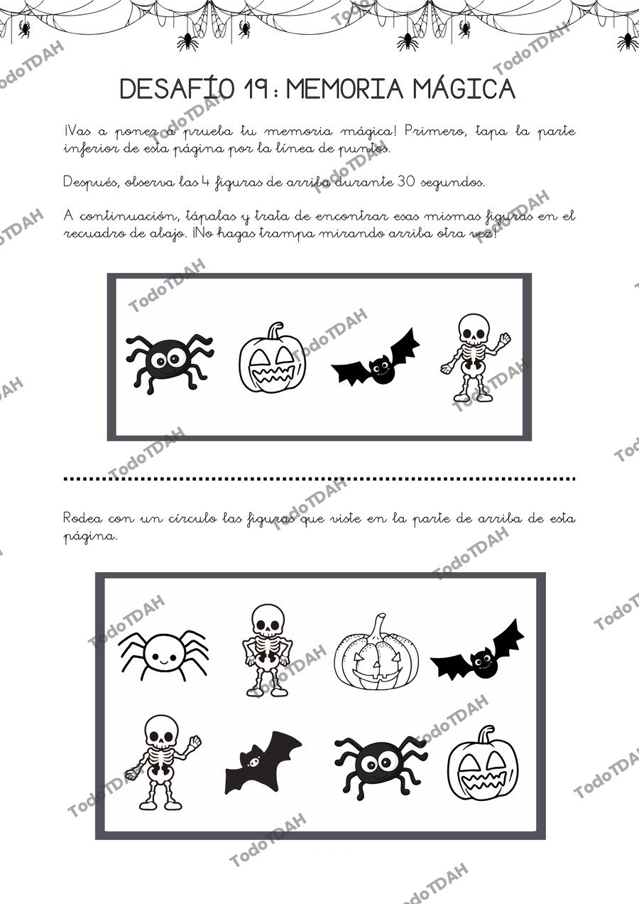 Página interior Halloween 5 años, Desafío Memoria mágica