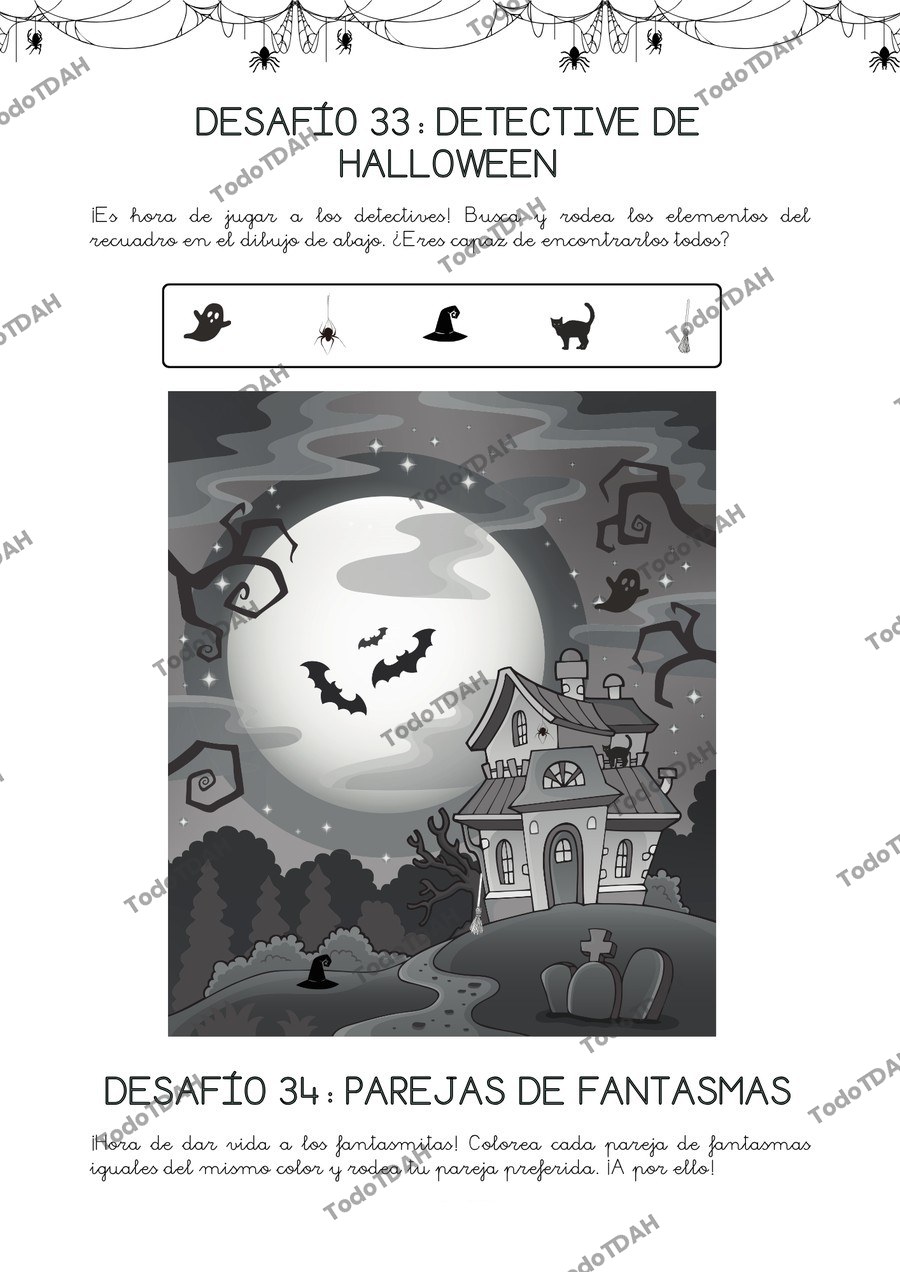 Página interior Halloween 5 años, Desafío Detective de Halloween