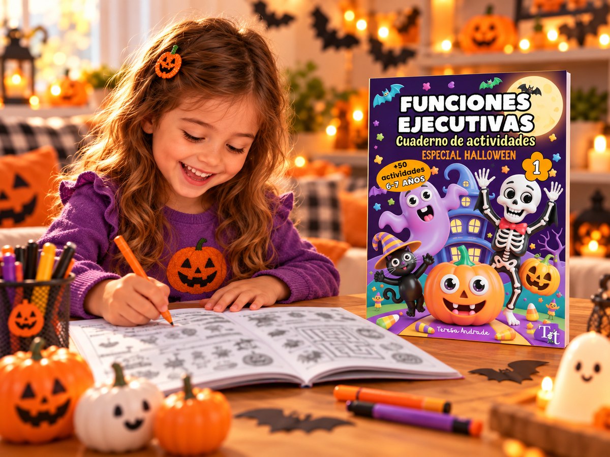 Niña usando el cuaderno de actividades TDAH Halloween 6-7 años, comprar en Amazon