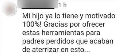 Comentario real de Instagram: mi hijo ya lo tiene y motivado al 100%